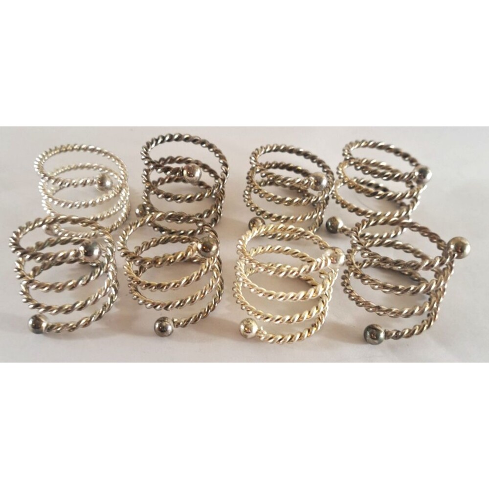 Vintage Coiled Napkin Rings Holders Set Of 8 Silver Tone Retro Modern Boho